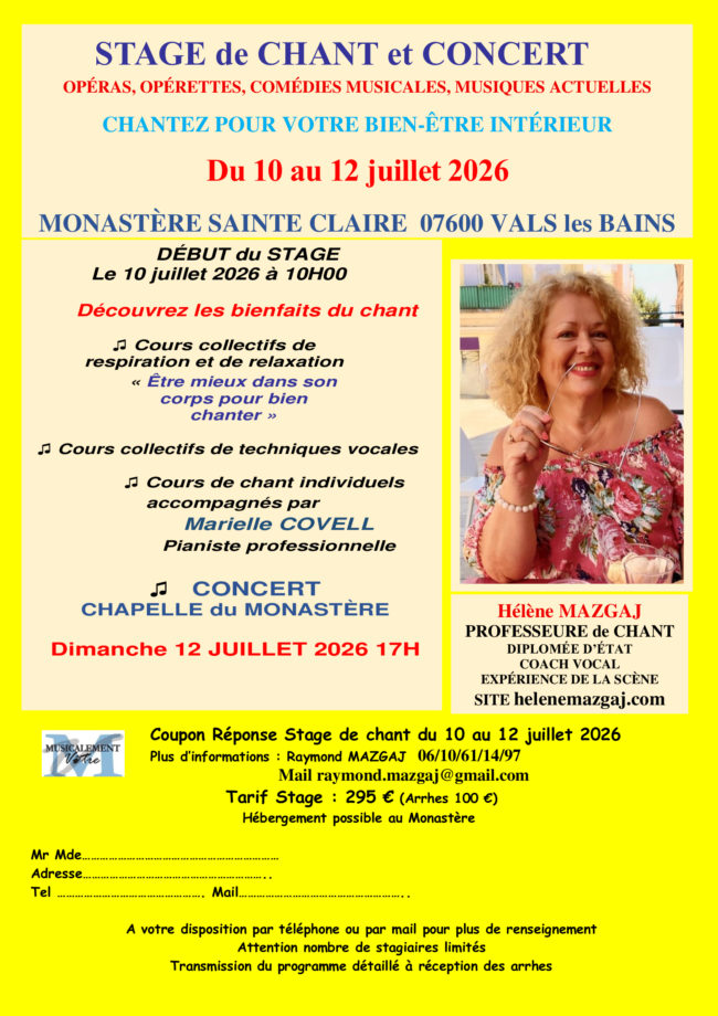 STAGE de CHANT et CONCERT 12 JUILLET 2026