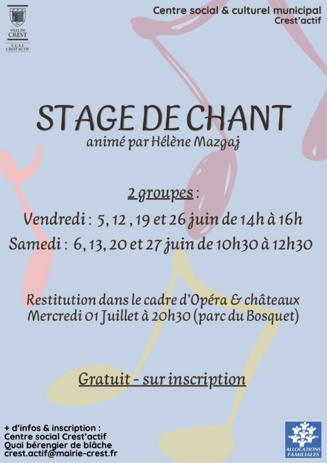 STAGE DE CHANT GRATUIT CREST JUIN 2026